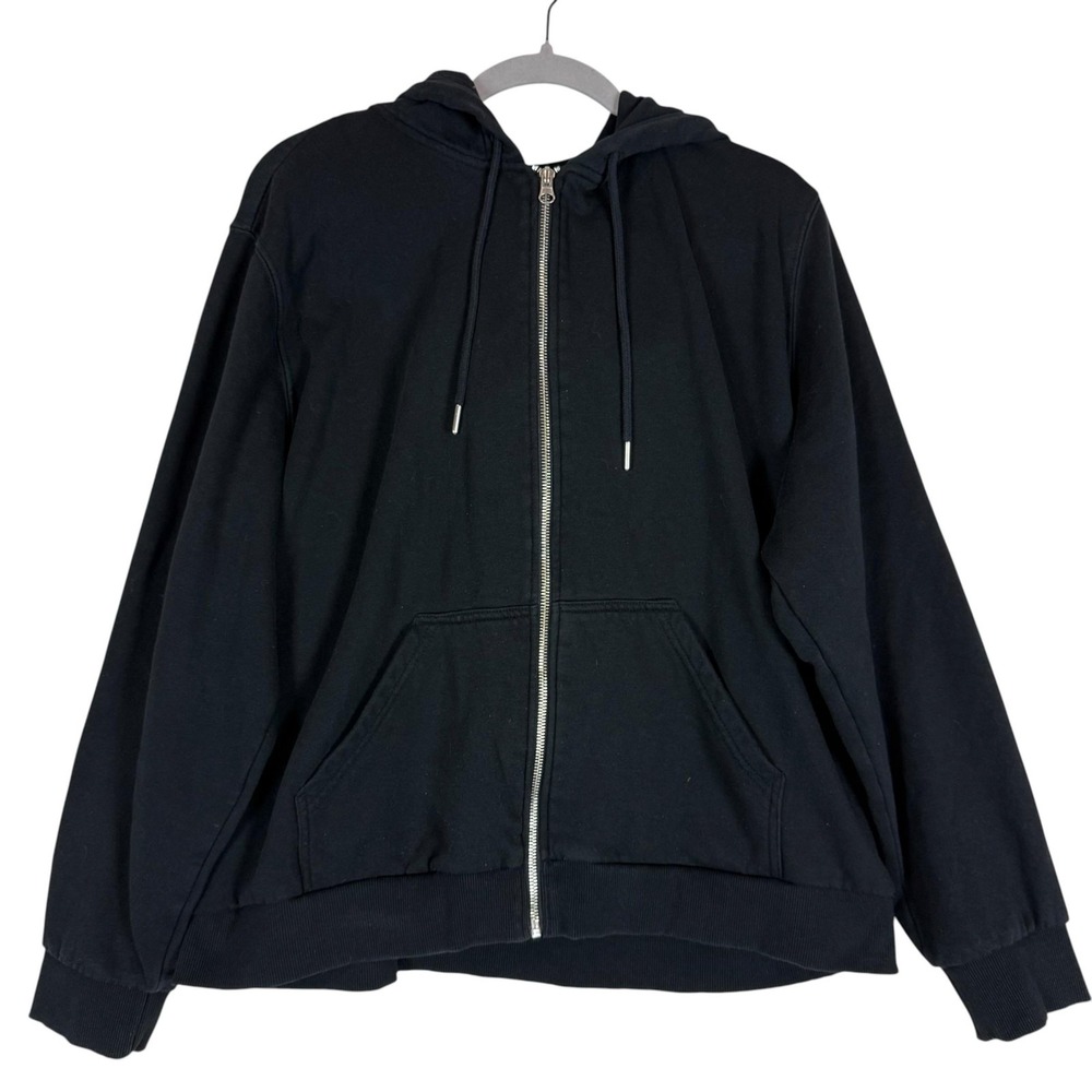 H&M Hoodie Mens 2XL Black Full Zip Fleece Kangaroo Pockets Solid Basic